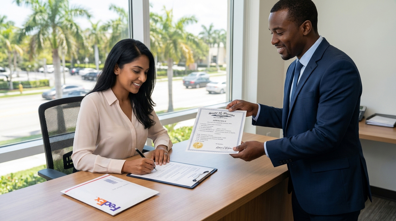 Documents handed off for apostille processing in Sunrise, Florida