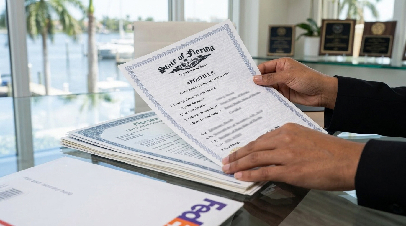 Preparing the Florida apostille request paperwork in Sunrise, Florida
