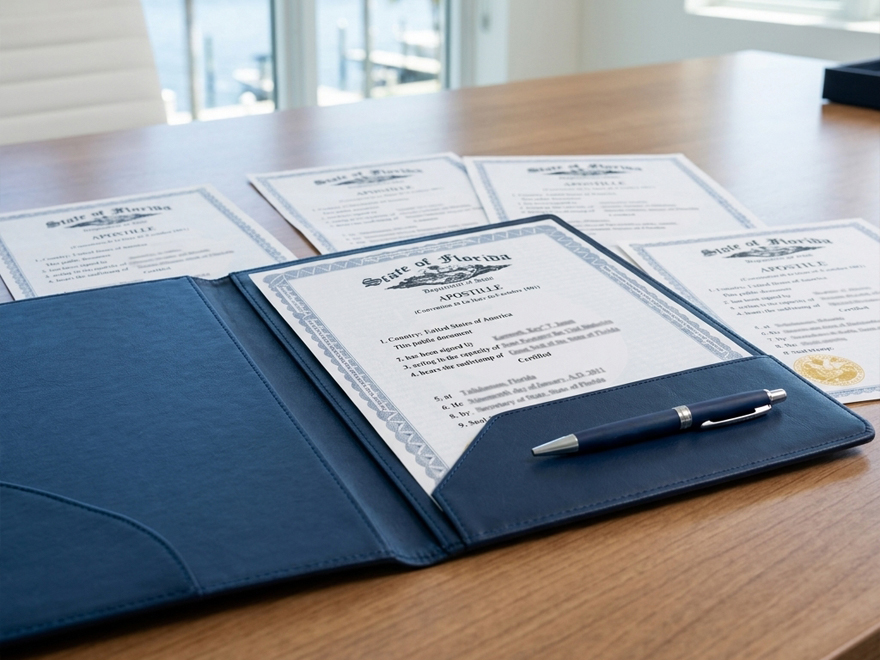 Apostille service desk preparing documents for filing in Broward County